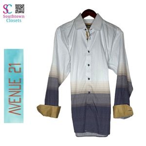 Avenue 21 Gradient Button. Blue, Gray, Silver, Gold. Gold Contrast Cuffs. XL